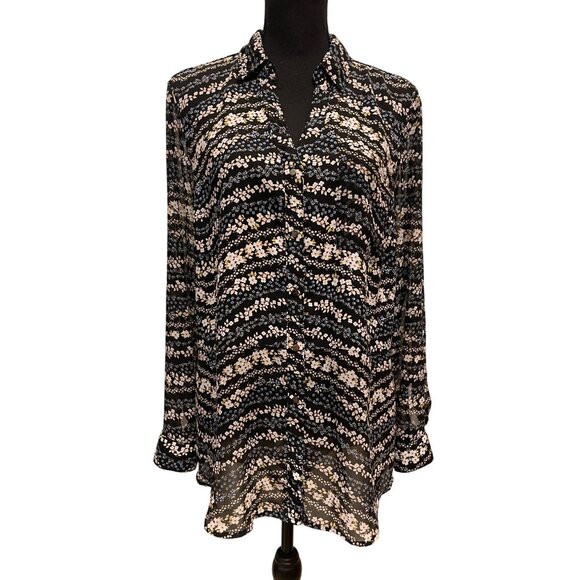 Micro floral print collared lightweight long sleeve button front blouse - Picture 1 of 9